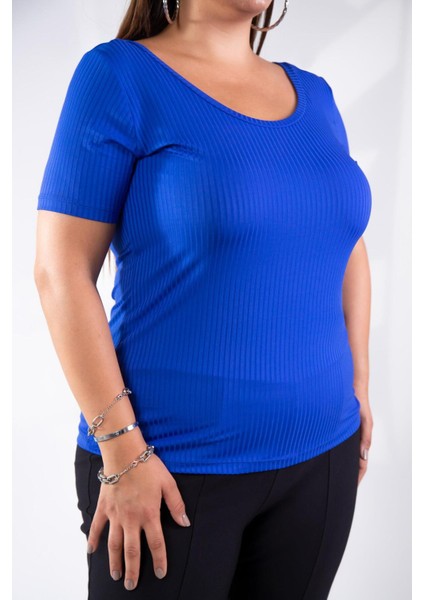 Kadın Büyük Beden Geniş Yaka Basıc Bluz Saks Somon