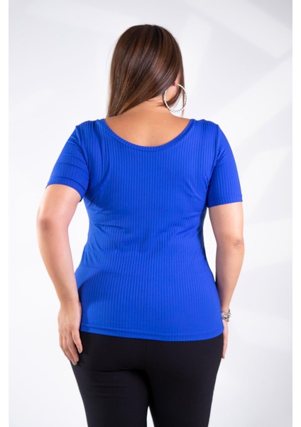 Kadın Büyük Beden Geniş Yaka Basıc Bluz Saks Somon