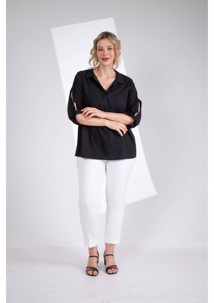 Kadın Büyük Beden Kol Yırtmaç Detaylı Siyah Bluz