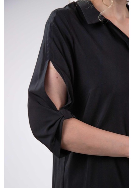 Kadın Büyük Beden Kol Yırtmaç Detaylı Siyah Bluz modelleri