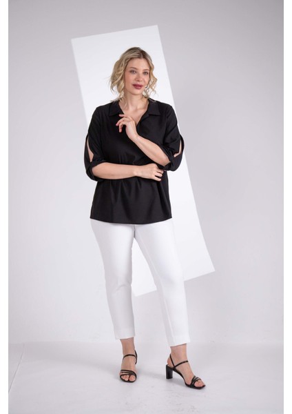 Kadın Büyük Beden Kol Yırtmaç Detaylı Siyah Bluz fırsatları