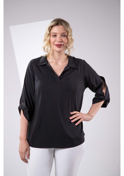 Kadın Büyük Beden Kol Yırtmaç Detaylı Siyah Bluz indirimleri