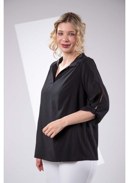 Kadın Büyük Beden Kol Yırtmaç Detaylı Siyah Bluz