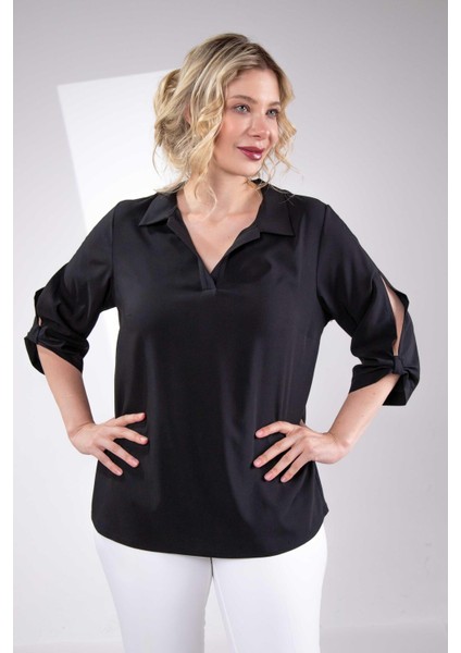 Kadın Büyük Beden Kol Yırtmaç Detaylı Siyah Bluz