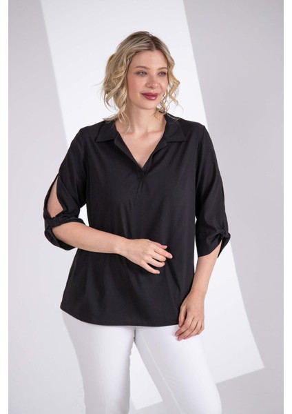 Kadın Büyük Beden Kol Yırtmaç Detaylı Siyah Bluz