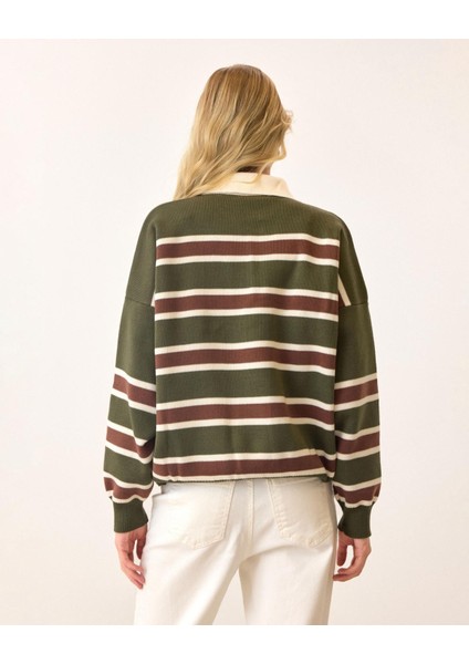 Haki - Retro Kalın Çizgili Düğmeli Polo Yaka Triko Kazak modelleri