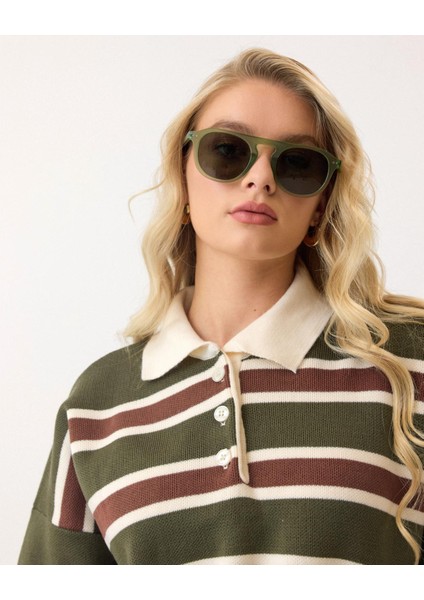 Haki - Retro Kalın Çizgili Düğmeli Polo Yaka Triko Kazak fırsatları