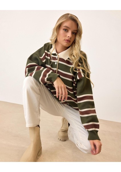 Haki - Retro Kalın Çizgili Düğmeli Polo Yaka Triko Kazak indirimleri