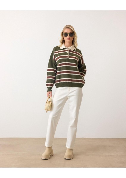 Haki - Retro Kalın Çizgili Düğmeli Polo Yaka Triko Kazak