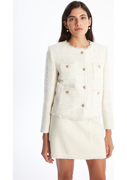 Yeni Sezon Bisiklet Yaka Dokulu Kadın Tüvit Ceket