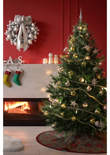 Yeşil Ekose Poinsettia Çiçek Desenli Yılbaşı Çam Ağacı Örtüsü