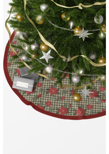 Yeşil Ekose Poinsettia Çiçek Desenli Yılbaşı Çam Ağacı Örtüsü fiyatları