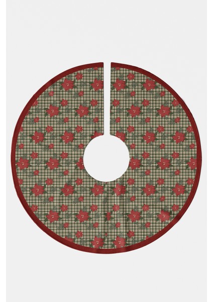 Yeşil Ekose Poinsettia Çiçek Desenli Yılbaşı Çam Ağacı Örtüsü modelleri