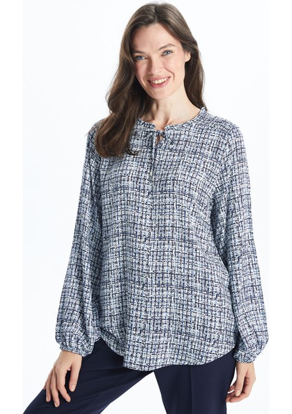 Yeni Sezon Bağlamalı Yaka Desenli Kadın Bluz