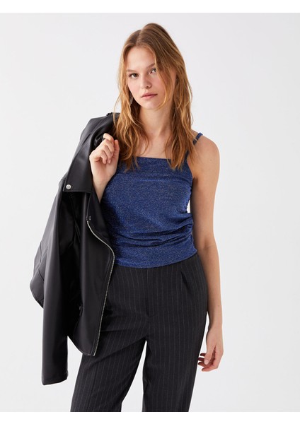 Yeni Sezon Kare Yaka Askılı Parlak Görünümlü Kadın Bluz