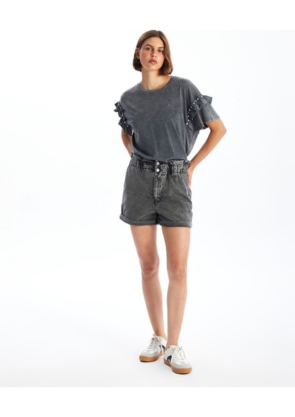 Yeni Sezon Kadın Beli Lastikli Düz Jean Şort
