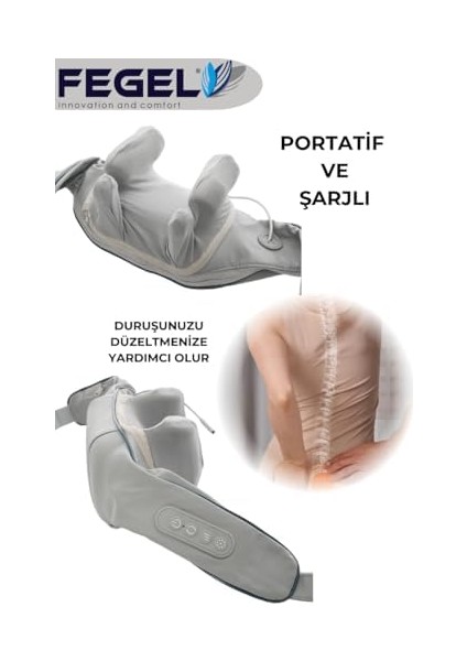 Fegel FG-687 3D Ovmalı Isıtmalı Boyun Askılı Masaj Yastığı (Gri)