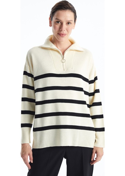 Yeni Sezon Dik Yaka Çizgili Oversize Kadın Triko Kazak