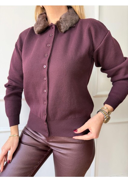 Bordo Kürk Yakalı Hırka