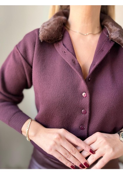 Bordo Kürk Yakalı Hırka