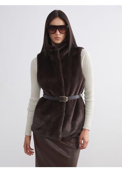 Yeni Sezon Dik Yaka Beli Kemerli Kadın Kürk Yelek