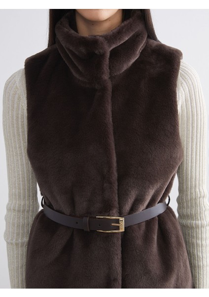 Yeni Sezon Dik Yaka Beli Kemerli Kadın Kürk Yelek modelleri