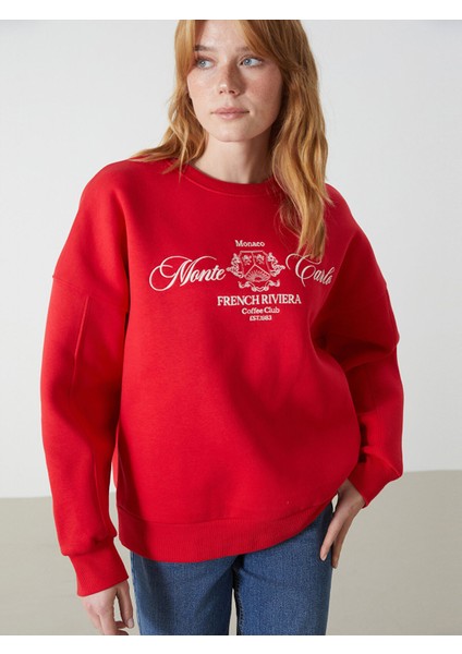 Yeni Sezon Bisiklet Yaka Baskılı Oversize Kadın Kalın Sweatshirt