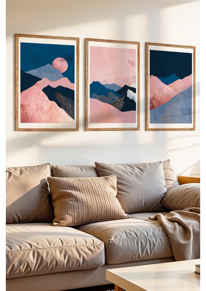 3 Parça Pembe Dağ Rüyası Ahşap Çerçeve Görünümlü Mdf Tablo Seti