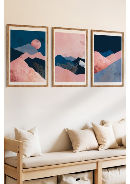 3 Parça Pembe Dağ Rüyası Ahşap Çerçeve Görünümlü Mdf Tablo Seti fiyatları