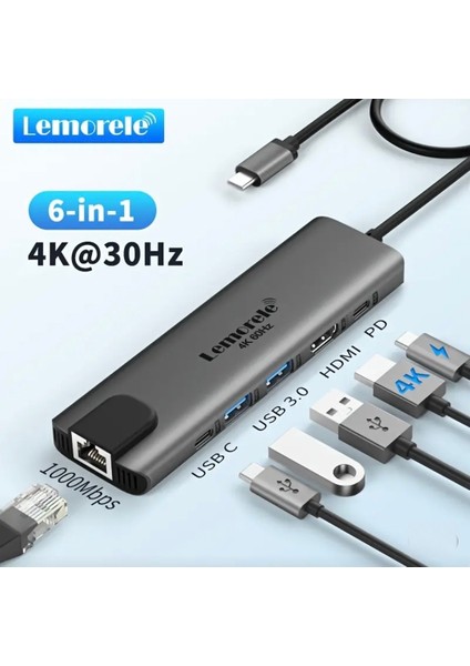 6'nın 1'i Type-C Pd 100W/ HDMI 4K/RJ45 1000Mbps./Usb 3.0 Hub Çoklayıcı Çoğaltıcı Adaptör Ce Lisanslı Orjinal