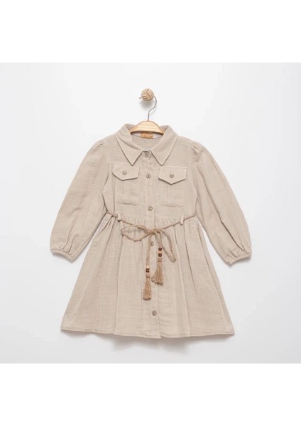 Kız Çocuk Gömlek Yaka Kemerli Elbise