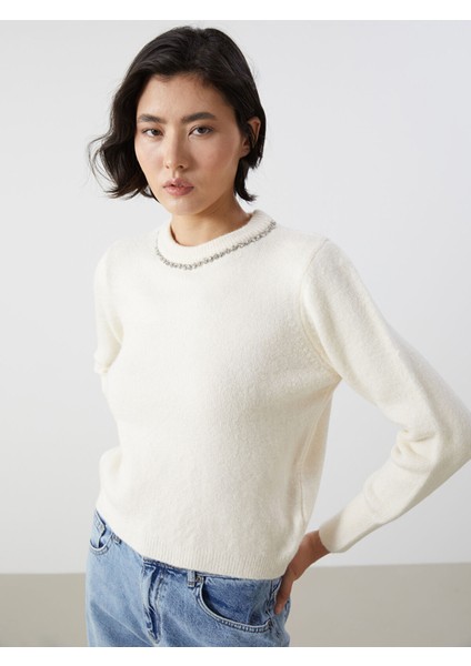 Yeni Sezon Bisiklet Yaka Taşlı Kadın Triko Kazak