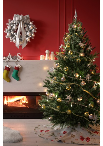 Kırmızı Fiyonk ve Çam Ağacı Desenli Yılbaşı Çam Ağacı Örtüsü