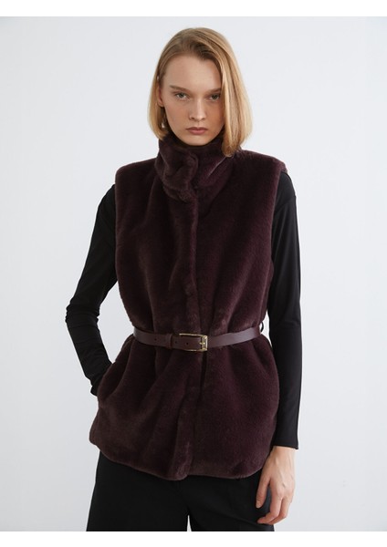 Yeni Sezon Dik Yaka Beli Kemerli Kadın Kürk Yelek
