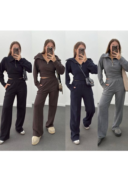 Kahverengi Kadın - Fitilli Polar Sweat Eşofman Takımı