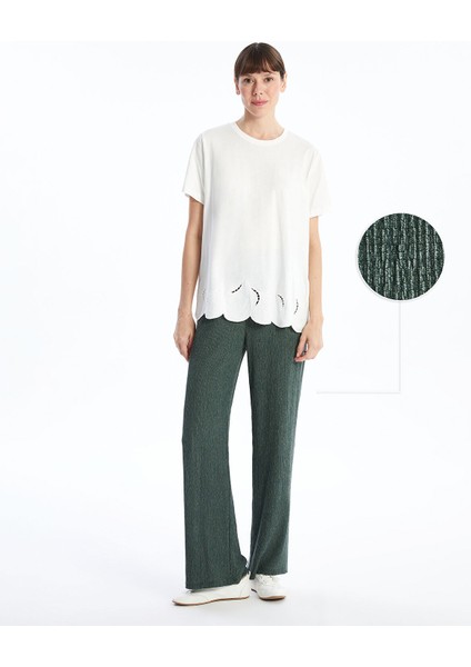 Yeni Sezon Beli Lastikli Dokulu Geniş Paça Kadın Pantolon