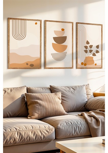 3parça Geometrik Ritimler Temalı Ahşap Çerçeve Görünümlü Mdf Tablo Seti