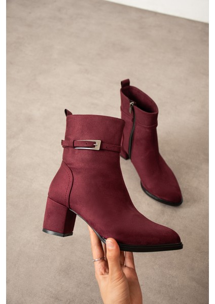 Kadın Bordo Süet Lucy Model Yandan Fermuarlı Sivri Burun Kısa Topuklu Bot fiyatları