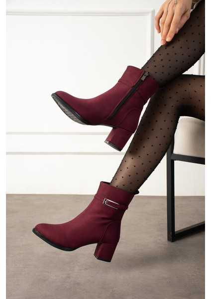 Kadın Bordo Süet Lucy Model Yandan Fermuarlı Sivri Burun Kısa Topuklu Bot indirimleri