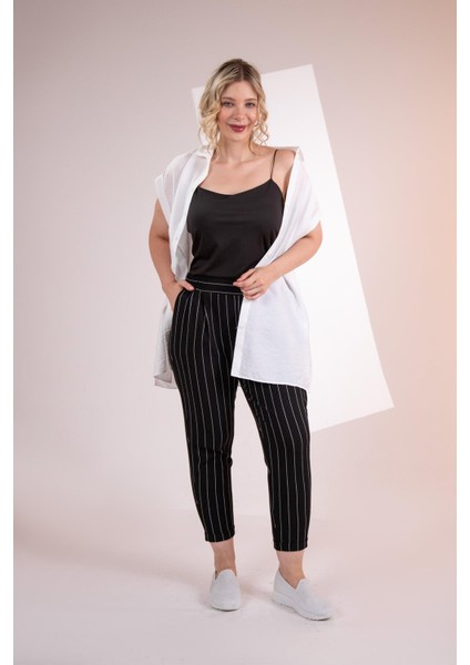 Kadın Büyük Beden Siyah Üçlü Takım (Gömlek + Bluz + Siyah - Beyaz Pantolon)