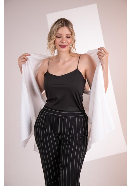 Kadın Büyük Beden Siyah Üçlü Takım (Gömlek + Bluz + Siyah - Beyaz Pantolon)