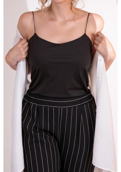 Kadın Büyük Beden Siyah Üçlü Takım (Gömlek + Bluz + Siyah - Beyaz Pantolon)