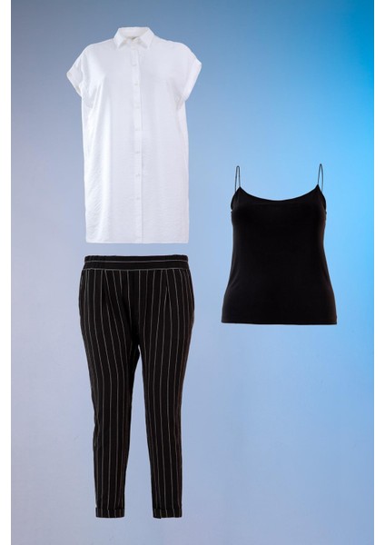 Kadın Büyük Beden Siyah Üçlü Takım (Gömlek + Bluz + Siyah - Beyaz Pantolon)