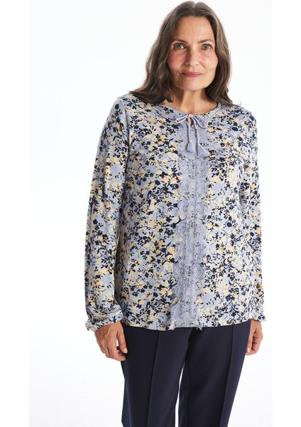 Yeni Sezon Bağlamalı Yaka Desenli Uzun Kollu Kadın Bluz