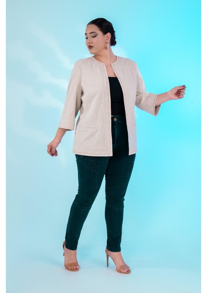 Kadın Büyük Beden Nakışlı Bej Ceket modelleri