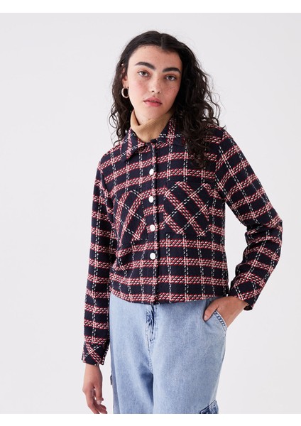 Yeni Sezon Desenli Uzun Kollu Crop Kadın Gömlek Ceket
