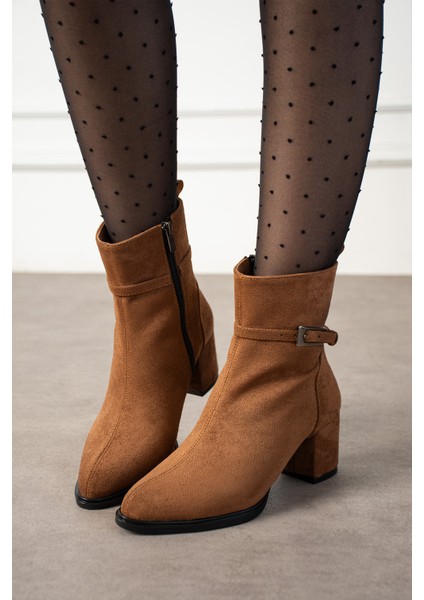 Kadın Taba Süet Lucy Model Yandan Fermuarlı Sivri Burun Kısa Topuklu Bot