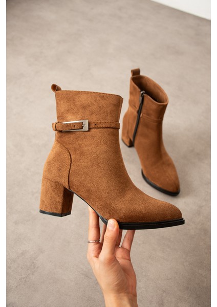 Kadın Taba Süet Lucy Model Yandan Fermuarlı Sivri Burun Kısa Topuklu Bot modelleri