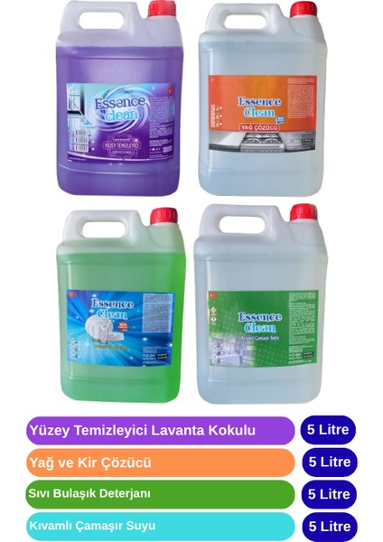 Temizlik Seti 4 Parça-Yüzey Temizleyici 5 Lt-Yağ ve Kir Çözücü 5 Lt-Bulaşık Deterjanı 5 Lt-Çamaşır Suyu 5 Lt