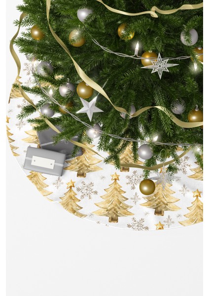 Beyaz Işıltılı Sarı Çam Ağacı ve Kar Taneleri Desenli Yılbaşı Çam Ağacı Örtüsü fiyatları